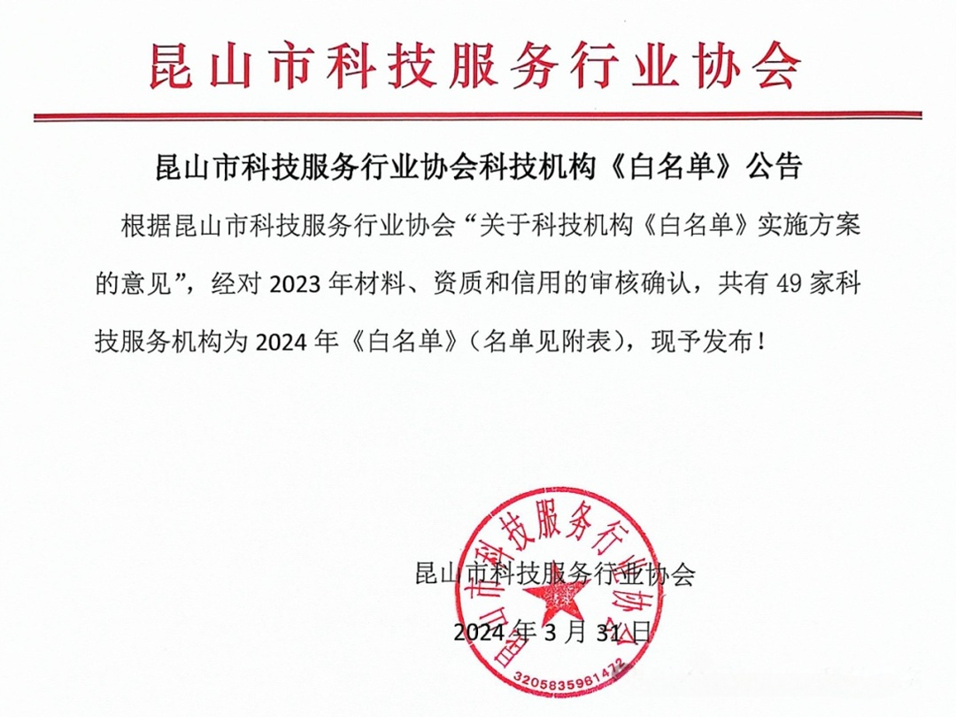 蘇州智為銘略入圍昆山市科技服務行業(yè)協(xié)會《白名單》企業(yè)